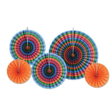 Beistle Fiesta Accordion Paper Fans - Serape Print & Orange - Pack of 12