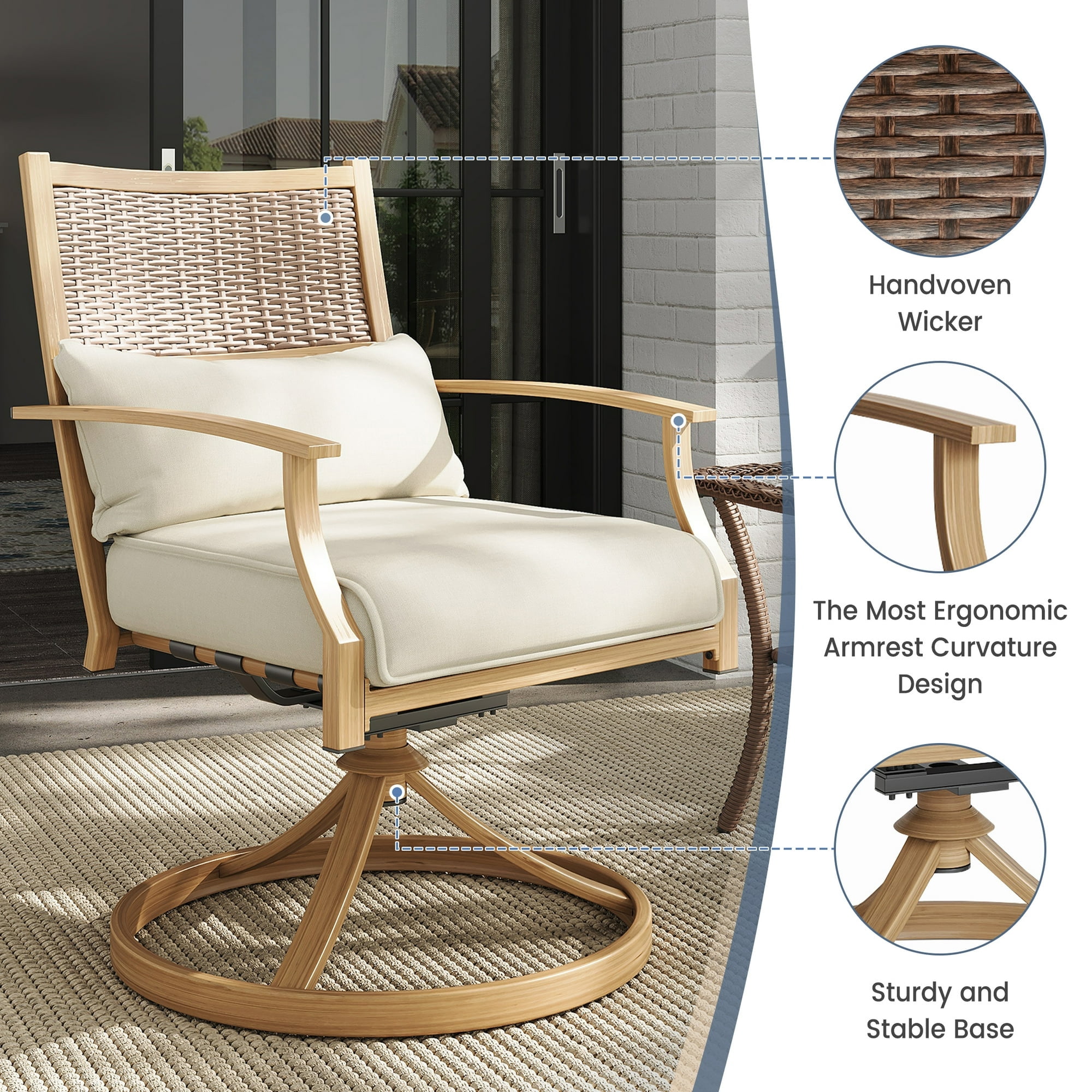 Poteban Patio Swivel Chairs Set of 2, Outdoor Dining Chairs with Deep Seat Cushion, All Weather Swivel Rocker Chairs with Hand-Painted Metal Frame, for Backyard Deck (Khaki)