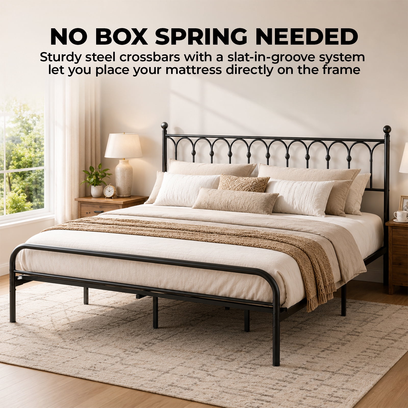 Alvantor Metal Platform Bed Frame, Classic Iron Art Headboard & Footboard, Stable & Noiseless, 11.9 Inch Under Bed Storage, No Box Spring Needed, Easy Assembly, Black