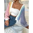 thumbnail image 4 of Women'S Color Block Open Front Long Sleeve Ribbed Knit Cropped Cardigan Sweaters Pink Blue M, 4 of 9