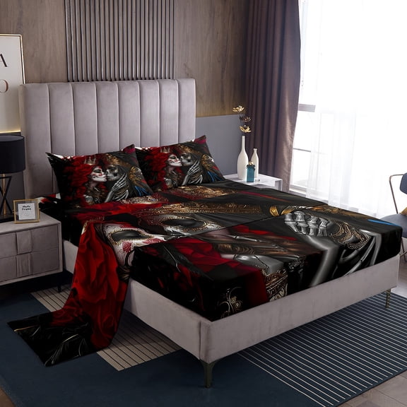 Manfei Skeleton Couple Lover Twin Sheet Sets 3pcs for Boys Girls,Gothic Style Floral Rose Twin Fitted Sheet Microfiber,Happy Valentine'S Day Breathable Flat Sheet,Lightweight Room Decor