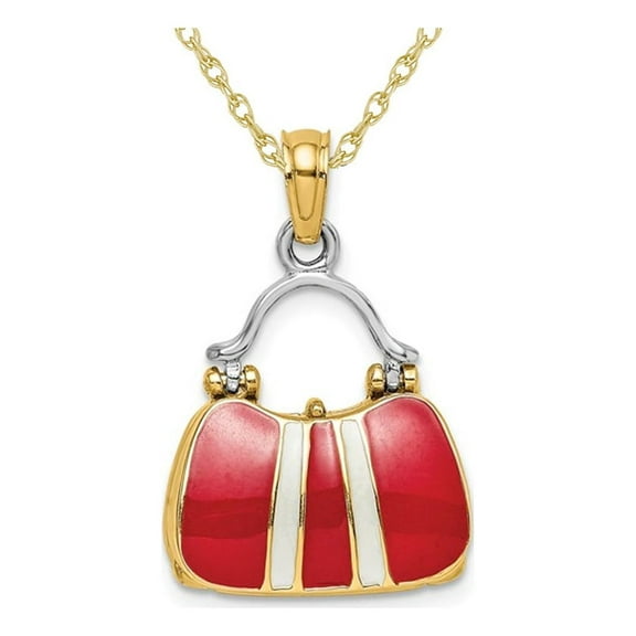 14K Yellow Gold 3-D Red Enameled Handbag Moveable Charm Pendant Necklace with Chain