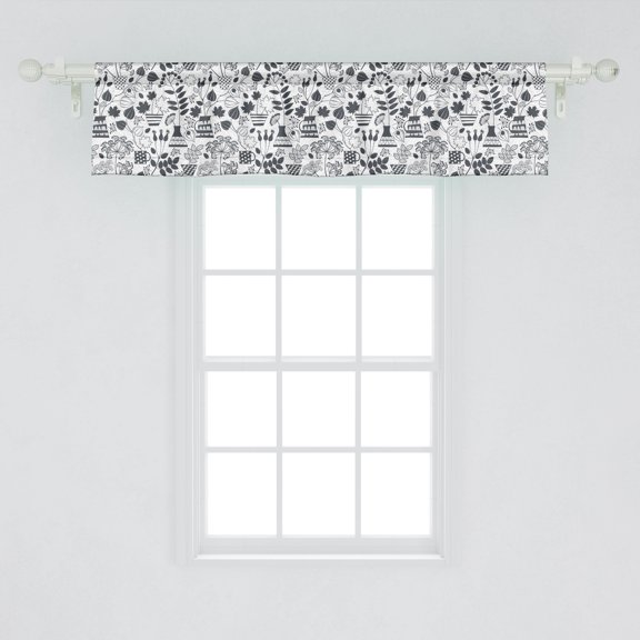 Ambesonne Garden Window Valance, Greyscale Design Blossoming Flora Autumn Season Bouquet Monochrome Pattern, Curtain Valance for Kitchen Bedroom Decor with Rod Pocket, 54" X 12", Charcoal Grey Ivory