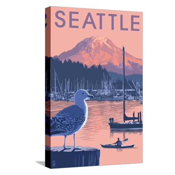 Art.com Marina and Rainier at Sunset - Seattle, Washington Stretched Canvas Print Wall Art by Lantern Press, 12" x 18"