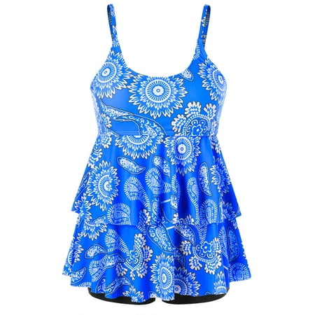 Gvmfive Women Plus Size Swimsuits Printed Ruffles Tankini Bathing Suit with Boyshorts Swimwear