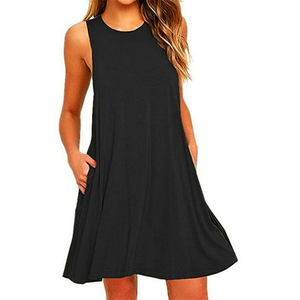 ALSLIAO - Vestido corto informal de verano para mujer, holgado, sin mangas, para playa, color negro, talla 2XL