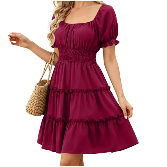 Dvprdro Womens Solid Open Neck Short Puff Sleeve Smocked Waist Tiered Ruffle Hem A Line Mini Dress Casual