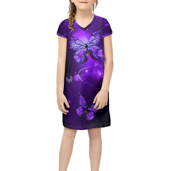 Xoenoiee Girls Dress V Neck Purple Butterfly Pattern Kids Short Sleeve Casual T-Shirt Dress Playwear Dress Bathing Suit for Kids, Size 3-4 Years