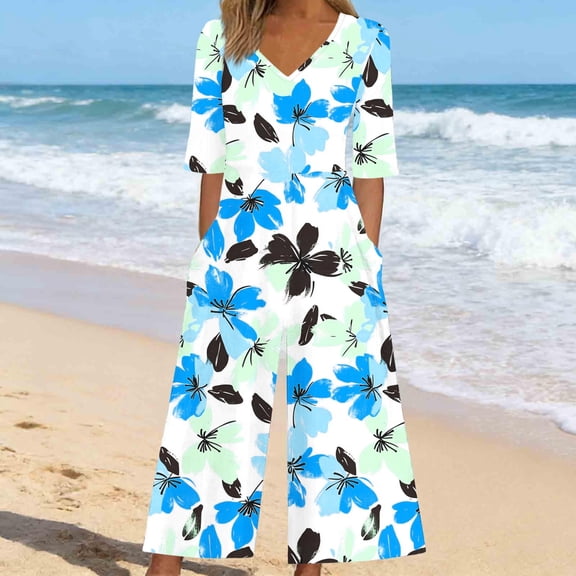 AUNVITO Women's Summer Jumpsuit with All-Over Print Short Sleeve V-Neck Back Zipper Side Pockets Casual and Trendy Style