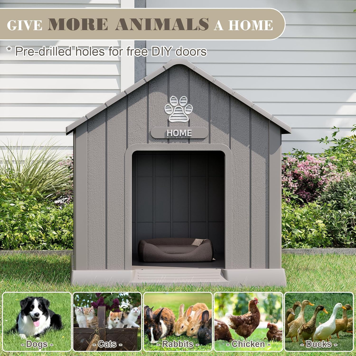 Dog House Outdoor Indoor - Waterproof, Ventilated, Easy to Clean, Elevated Floor for Small-Large Dogs, Easy to Assemble (Grey, 37.2" L x 40" W x 40" H)
