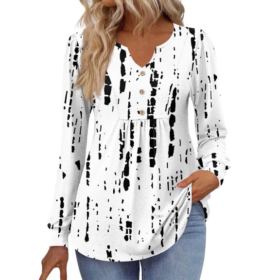 Kixjoy V Neck Long Sleeve Shirts for Women Long Sleeve Plus Size Button Down Shirts Winter Casual Lightweight Tunic Top Fashion Work Geometric Print Women Clothing, White XXL