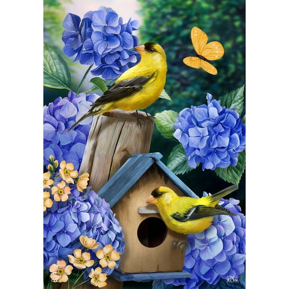 Briarwood Lane Spring House Flag 40x28 For Outdoor Goldfinches and Hydrangea For Spring House Flag