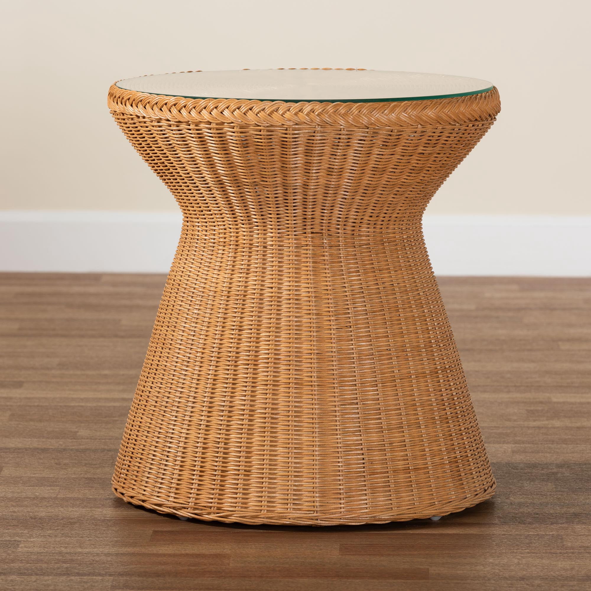 bali & pari Nina Light Honey Braided Rattan End Table with Glass Tabletop