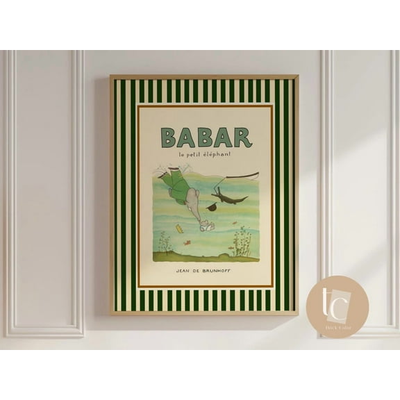 Modroom Babar The Elephant In Water Nursery Wall Art Retro Kids Decor Quote Wall Art Genre Neutral Baby Wall Art Illustration Nursery Print Wall Art, Modern Wall Decor, 8x12 UNFRAMED