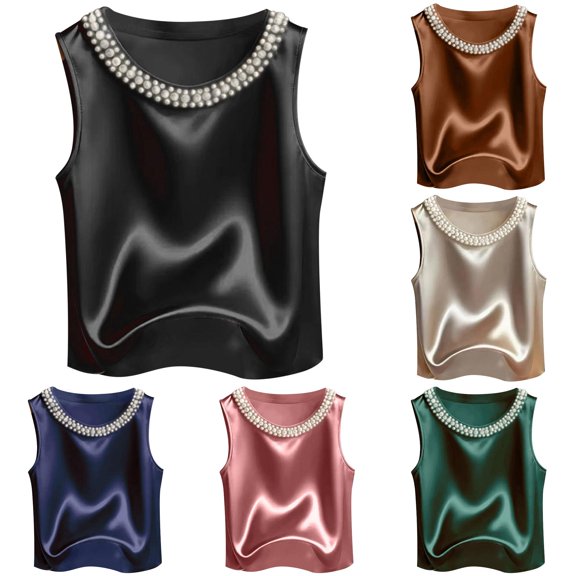 Tanghaowl Tank Tops for Women, Elegant Solid Satin Women Tank Top With Pearl Round Neckline Sleeveless Camisole For Everyday Summer Style Black L