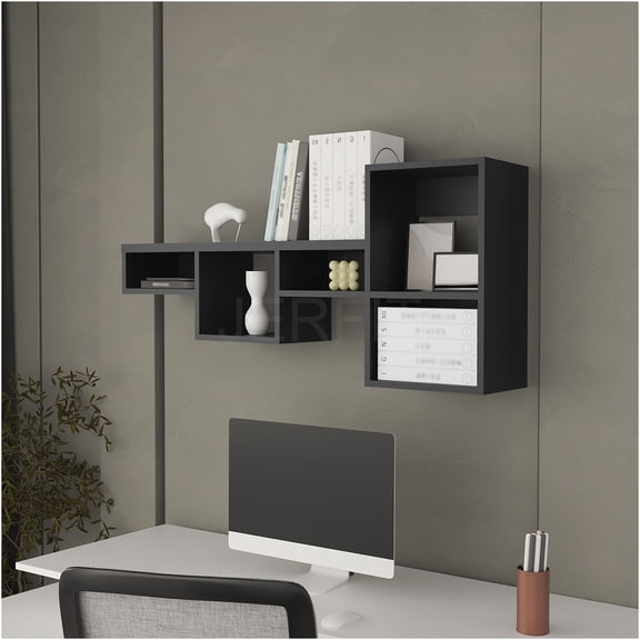 JERFIT 5-Tier Black Floating Shelves Wall Mounted, Melamine Storage Rack for Living Room, Bedroom, Office