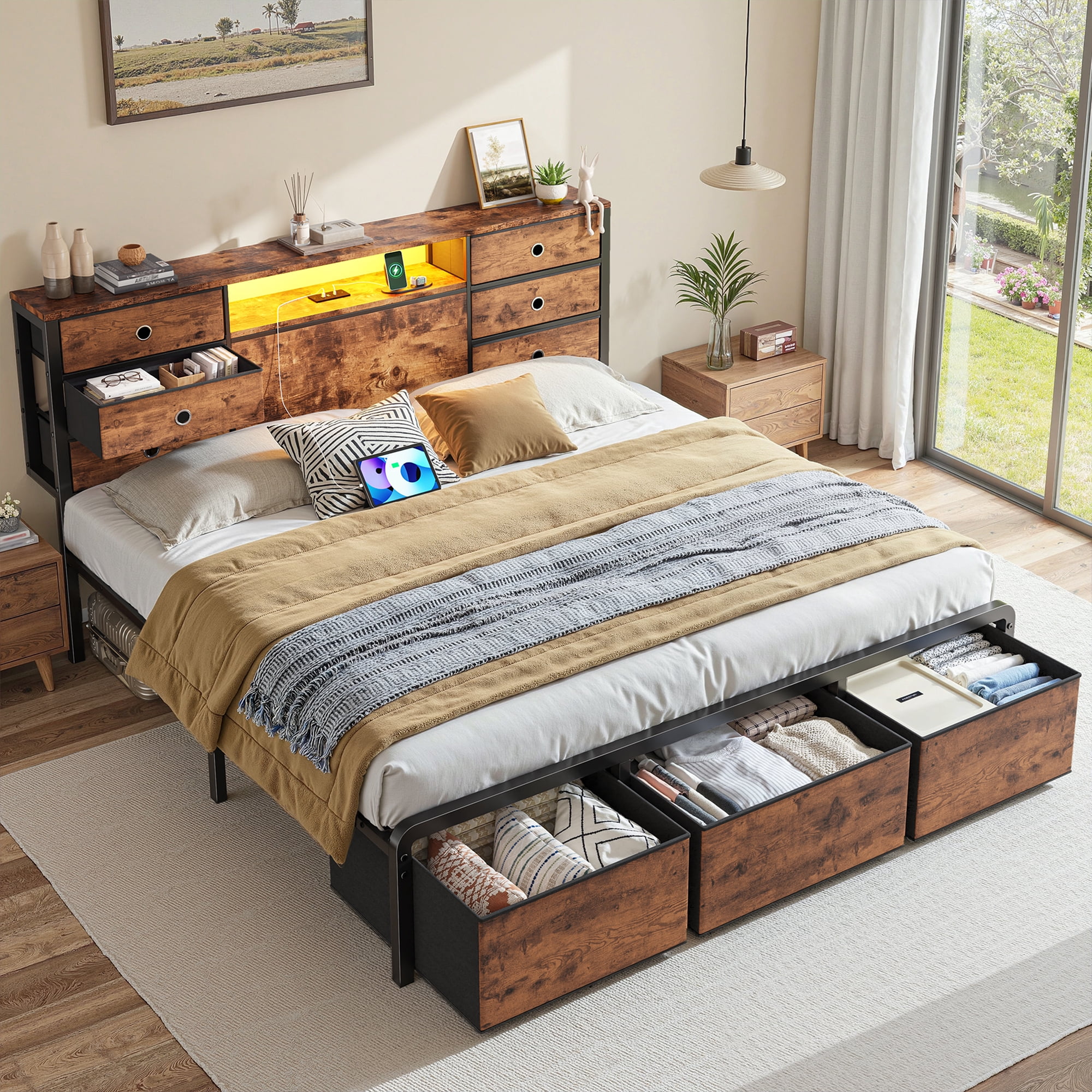 EnHomee Metal Bed Frame with 9 Storage Drawers Metal Bed Frame King with Headboard & LED Light & Charge Station,Rustic Brown