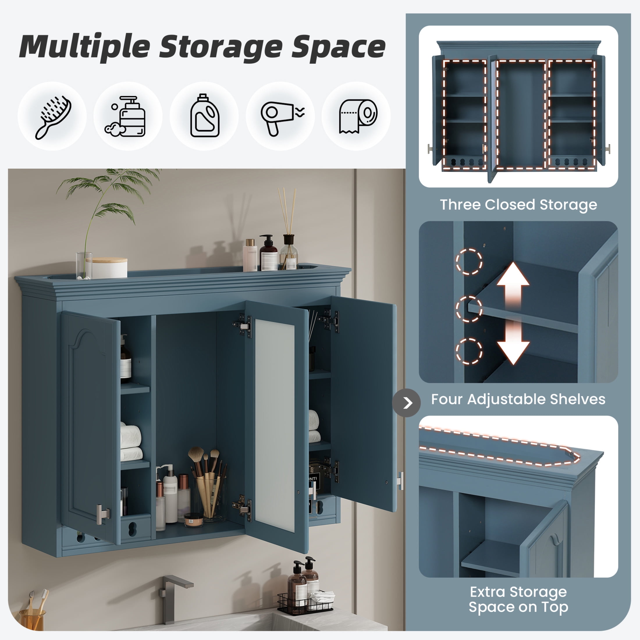 Noble House 35" Wall Mounted Mirror Cabinet with Adjustable Shelves, Soft-Close Hinges, Blue