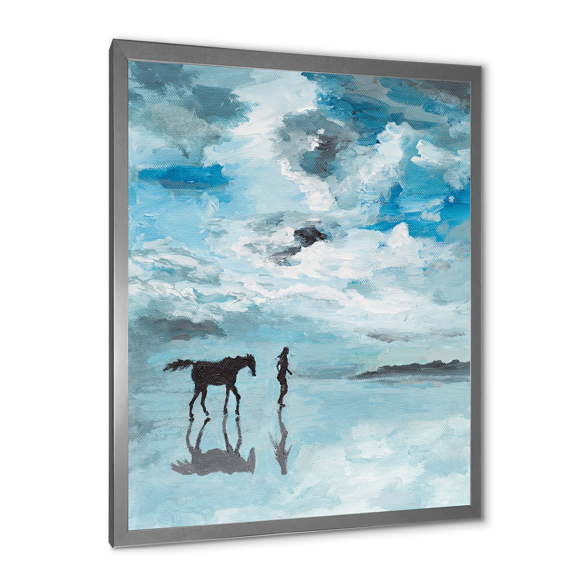 Designart 'Peaceful Scene Of Horse and Man Running By The Water' Farmhouse Framed Art Print