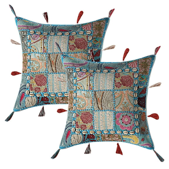 Stylo Culture Ethnic Couch Throw Pillow Covers 17 x 17 Turquoise Embroidered Patchwork Cowry Sea Shell Tassels Bohemian 43 x 43 cm Living Room Cotton Floral Square Cushion Covers | Set Of 2
