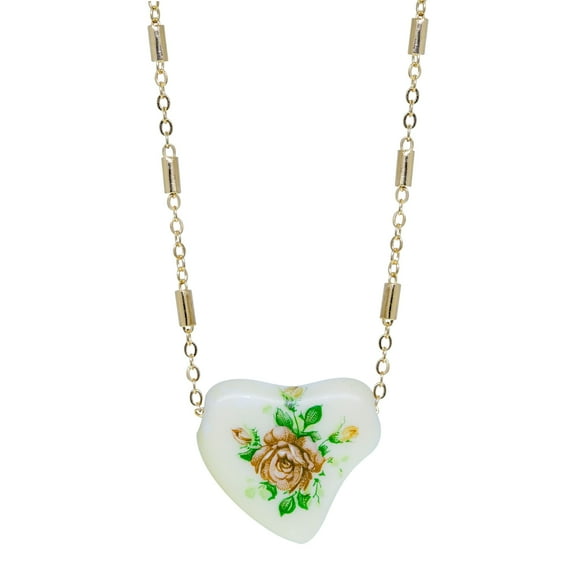 1928 Jewelry Women's 1985 Porcelain Heart & Rose Pendant Necklace 15" 3" Extension, Gold