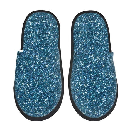 

Fuzoiu Blue Glitter Print Unisex Furry Slippers Plush Indoor Shoes Trendy House Slippers Anti-Skid EVA Sole House Shoes for Home Office and Travel -Large