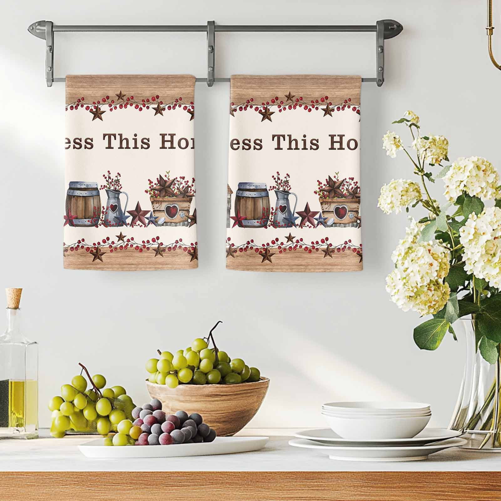 Dish Towels, Western Texas Star Wood Absorbent Kitchen Towels 2 PCS, Red Berry Farmhouse Barn Microfiber Hand Towels Dish Cloths Tea Towels for Home&nbsp;Bathroom Cleaning Drying,18X28-Inch,