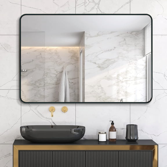 Noble House 30"x40" Rectangular Bathroom Wall Mirror, Metal Frame with HD Glass, Black