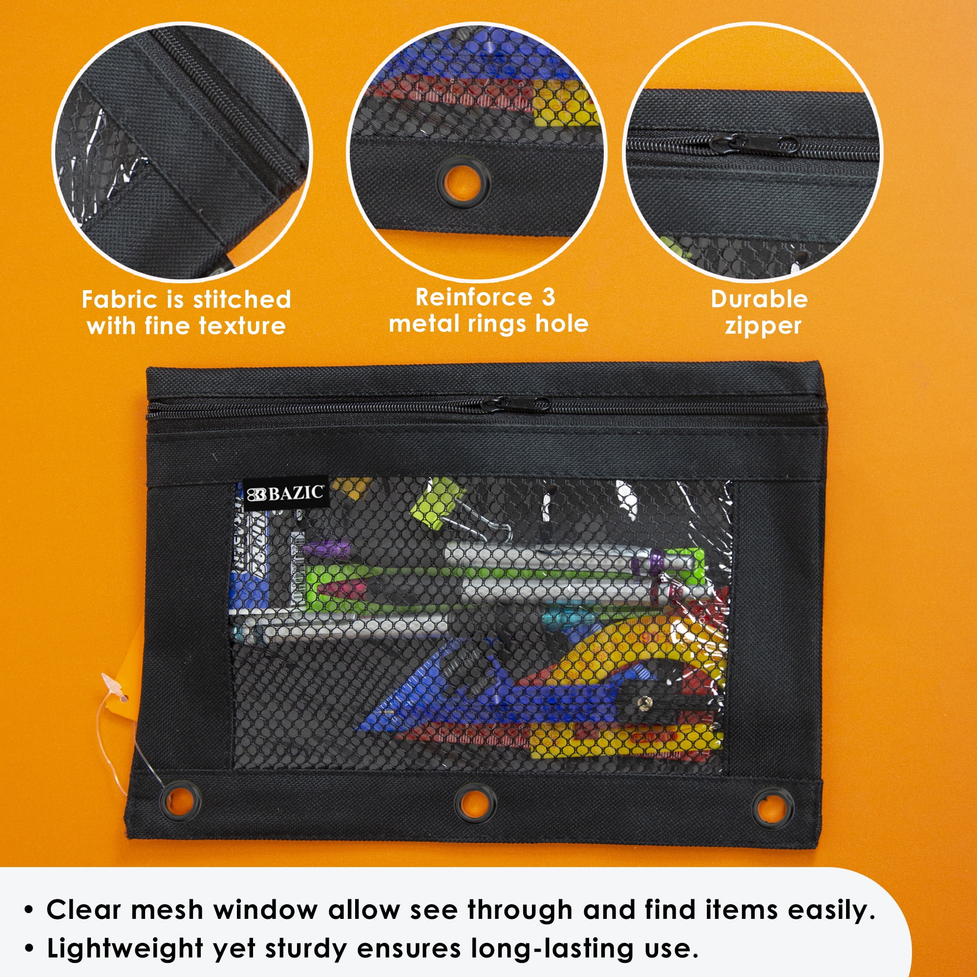 BAZIC 3 Ring Pencil Pouch, Mesh Window, Black Color, 24-Count