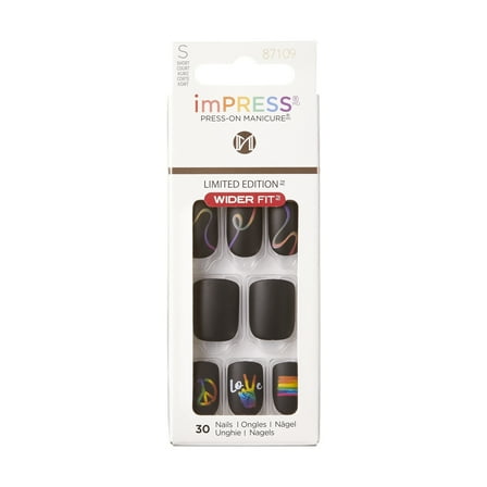 KISS imPRESS No Glue Needed Press On Nails, Design, loveislove, Black, Short Wider Squoval, 30 Count