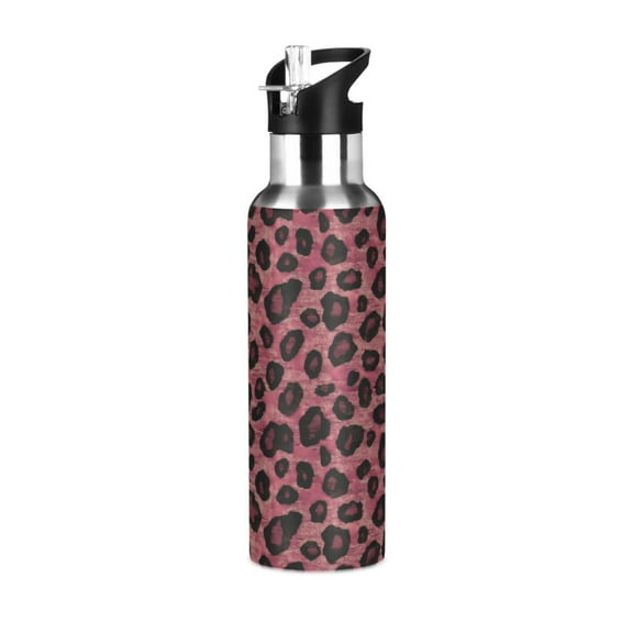 Yayeee 20oz Insulated Water Bottle Double Wall Stainless Steel with Flip Straw Lid, Deep Red Leopard Pattern