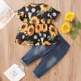 thumbnail image 4 of 3T Toddler Baby Girls Outfits Sunflower Print Short Sleeve Round Neck Top+Ripped jeans Pants 2PCS Clothes Set 3-4T,Black, 4 of 7