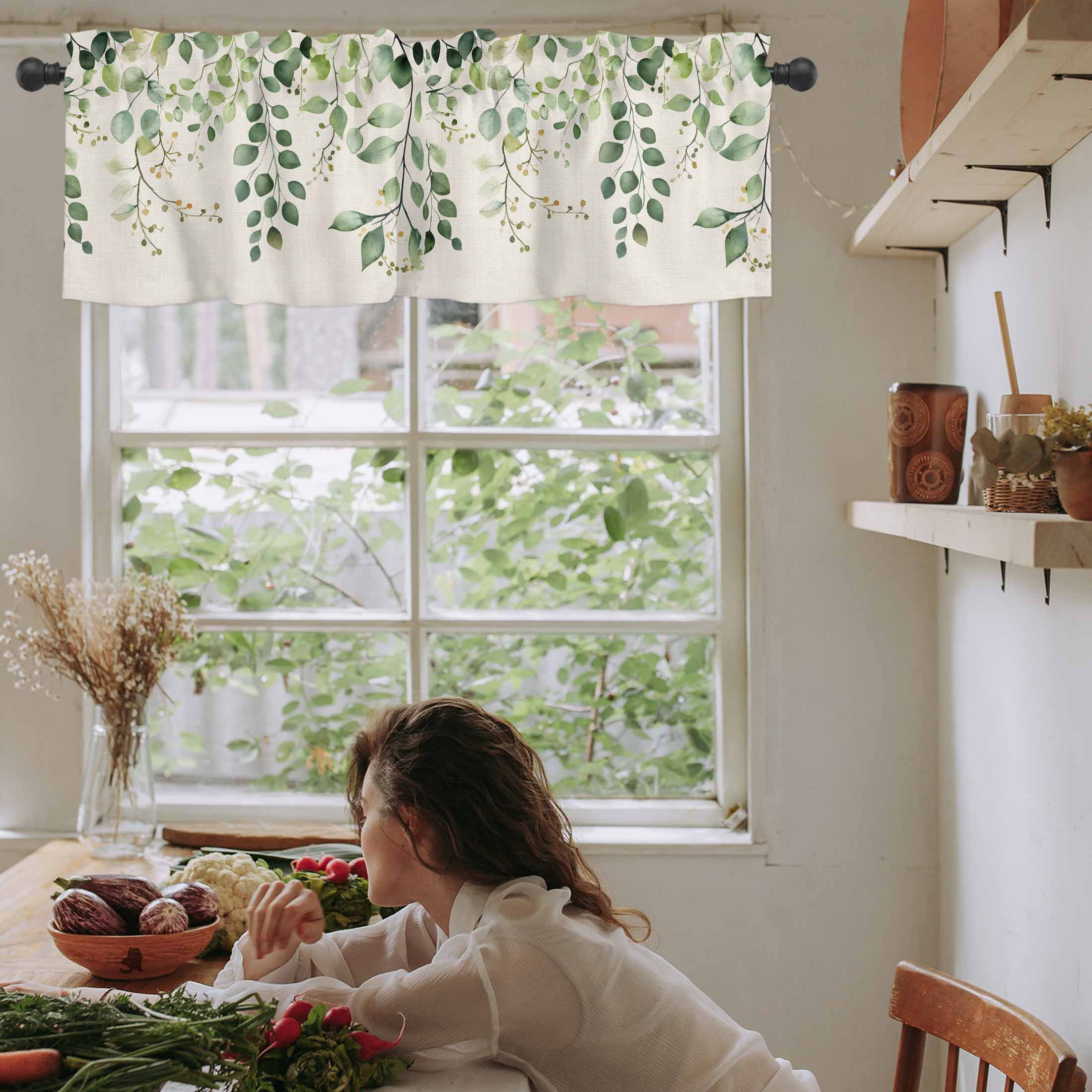 Valances for Windows Sage Green Eucalyptus Leaves Retro Summer Tree Branch Linen Valance Rod Pocket Window Treatments Curtains for Kitchen Small Windows Living Room Bedroom Bathroom, 60"x18"