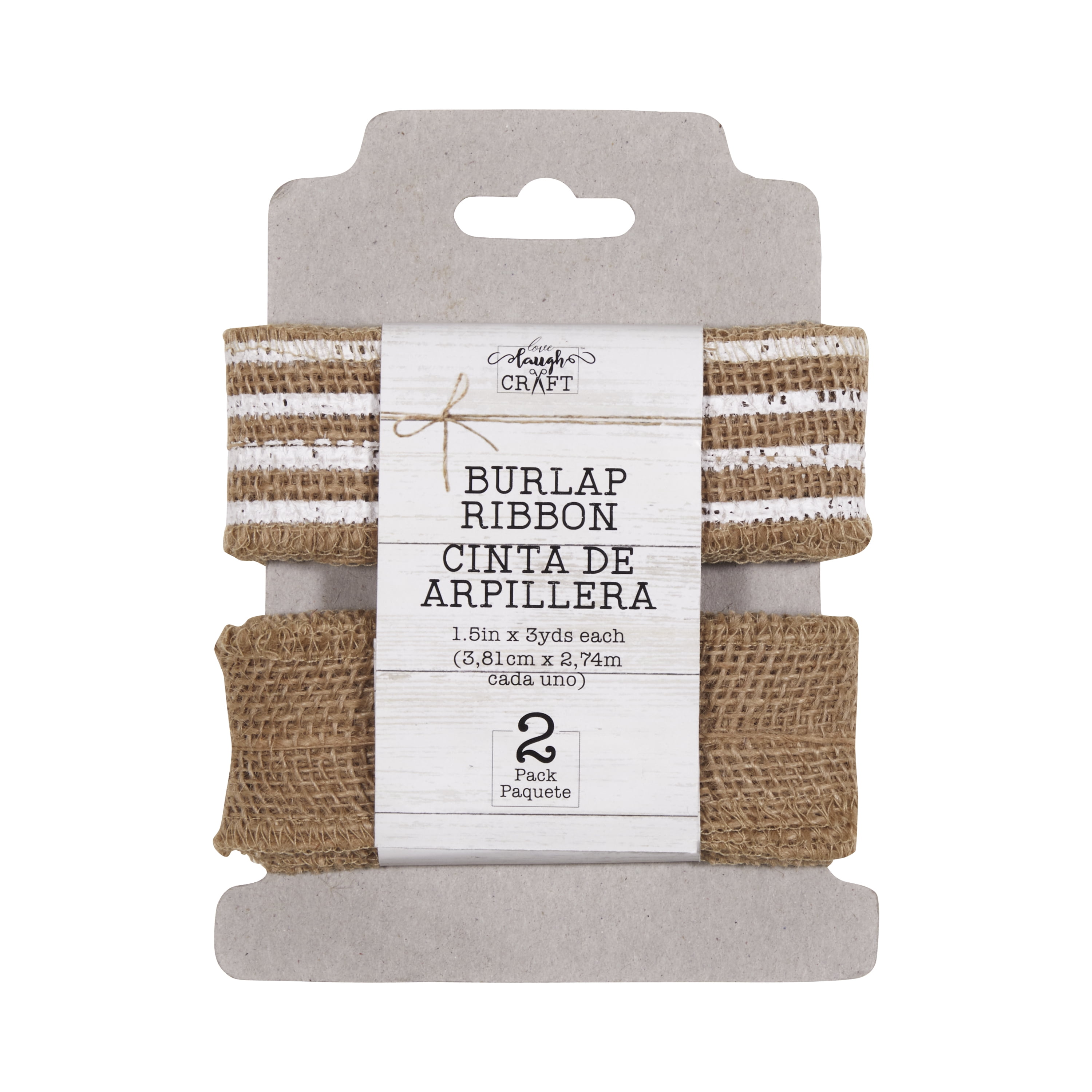 Love, Laugh, Craft Burlap Ribbon Set, 1.5"W x 3-Yds, Natural/White Stripe