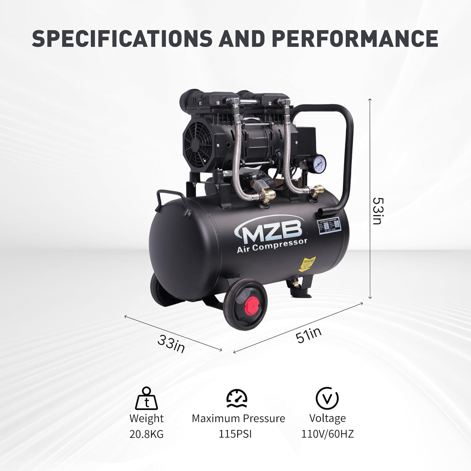 6.4 Gallon Oil-Free Air Compressor, 1.5HP 110V Ultra Quiet 70dB Steel Tank with Wheels for Workshop Use
