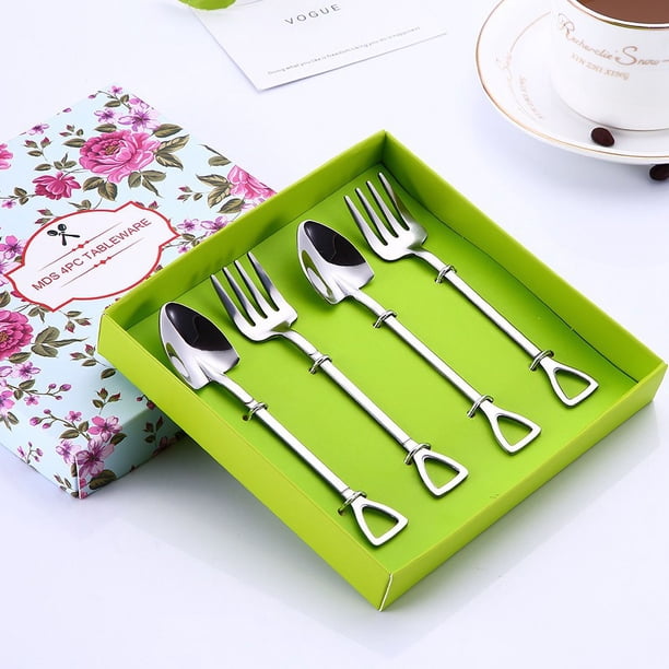 Juego de Mini Cucharas de Pala y Tenedor para Postres Incluye 2 Cucharas con Forma de Pala y 2 Cucharas de Tenedor de Acero Inoxidable para Helado