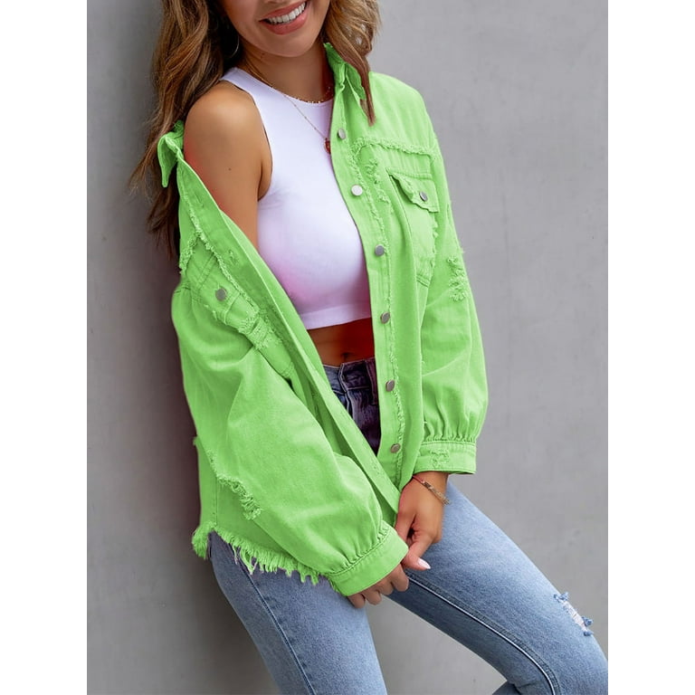 SEARIPE Women s Casual Denim Jacket Frayed Hem Ripped Long Sleeve Jean Jacket With Pockets Apple Green M