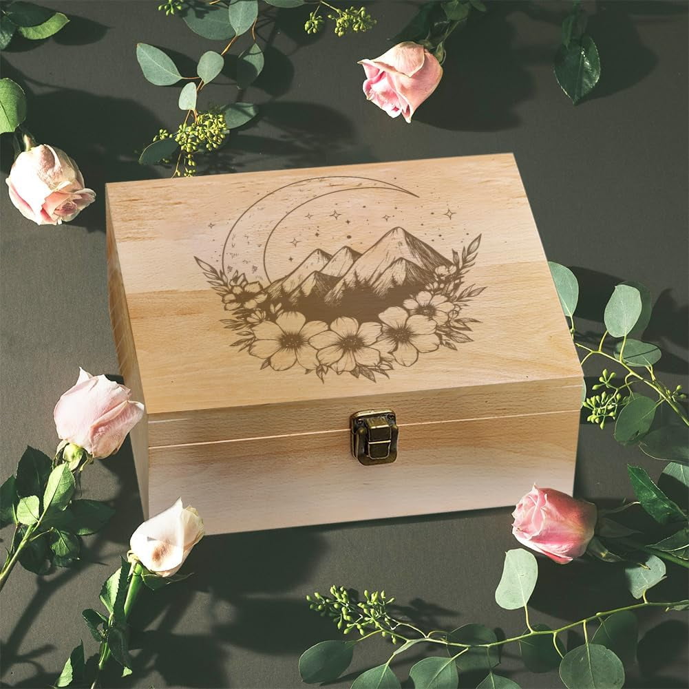 Moon Theme Wooden Memory Keepsake Box Stars Flowers Mountains Metal Knot Box with Hinged Lid and Lock Decorative Storage Box Stash Box for Photo Letter Souvenir Jewelry 7.6x9.6x4inch BurlyWood