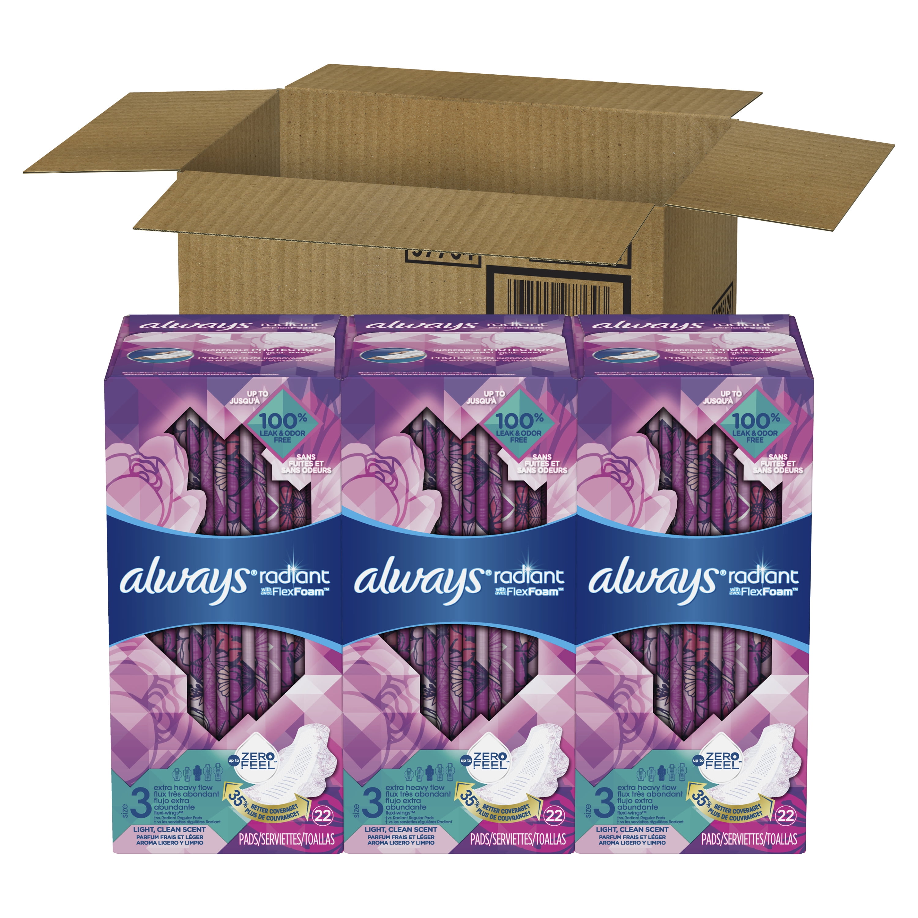 ALWAYS Radiant Extra Heavy Flow Sanitary Pads Size 3 Light Clean Scent