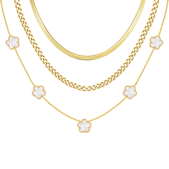 VNOX Gold Layered Necklace for Women - 3Pcs 18K Gold Plated Floral Necklaces, Stainless Steel Stackable Cuban Link Chain Non Tarnish Trendy Jewelry, Herringbone Chains Christmas Birthday Gift