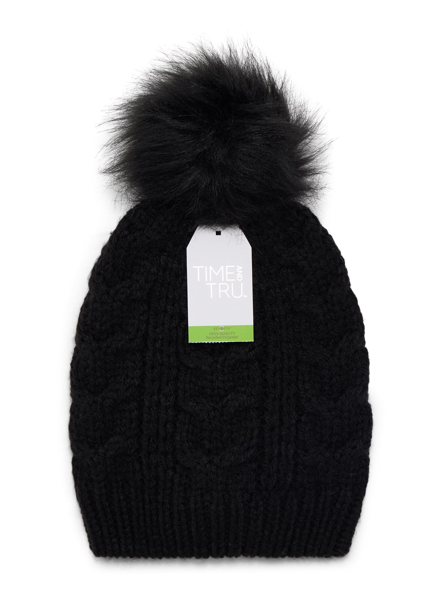 Time and Tru Women's Cable Pom Beanie, One Size Fits Most, Black Soot
