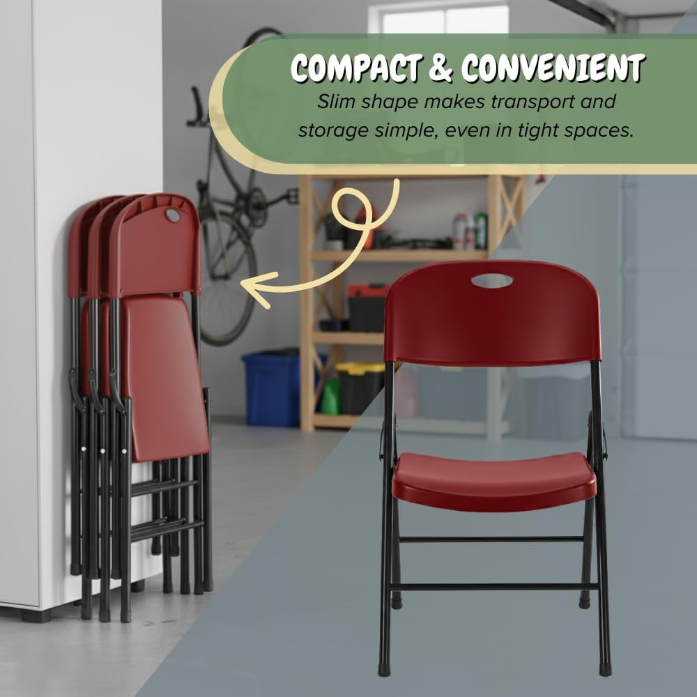 CYCLONE S·O·U·N·D Heavy Duty Plastic Foldable Chair for Adults, Portable Folding Chair for Patio, Backyard, Party, or Wedding — Comfortable Stackable Outdoor Chair, Red (2 Pack)
