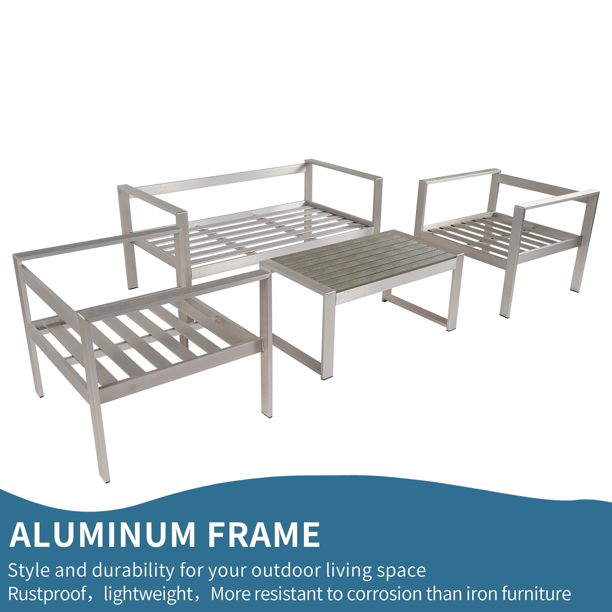 PORKISS Outdoor Patio Furniture Set, Modern 4 Piece Conversation Set with Table and Seats, Aluminum Sectional Sofa Sate Group for Garden, Gray/Silver