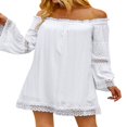 thumbnail image 4 of HUBERY Women Crochet Cutout Off Shoulder Long Sleeve Solid Color Mini Dress, 4 of 7