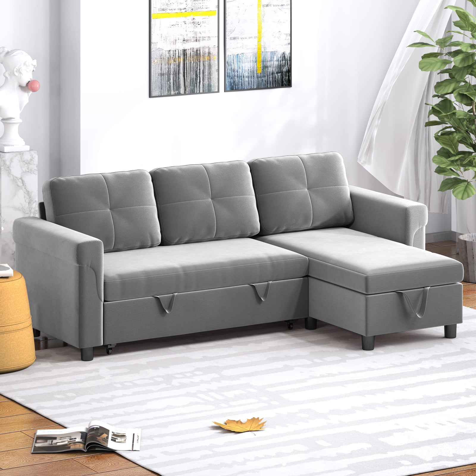 ZAFLY Sectional Sleeper Sofa with Reversible Left/Right Storage Chaise,Modern Futon Sofa Bed L