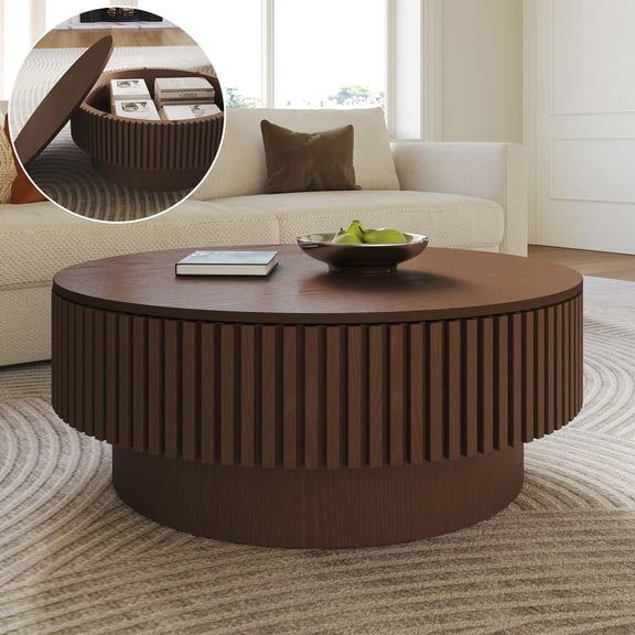 31.5" Modern Round Coffee Table with Hidden Storage for Living Room, Solid Wood Veneer, Accent Tea Table, Brown