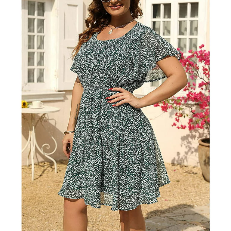 Finelylove Plus Size Dresses For Women 2023 Flowy Summer Dress For Women  V-Neck Solid Short Sleeve Sun Dress Wine