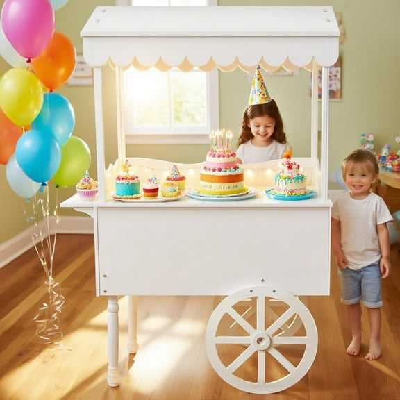 Candy Cart, Display Stand with 100 Balloons, Solid Wood Vintage Dessert Cart with Shelf & Wheels for Candy & Dessert Display, Easy to Assemble for Parties, Birthdays, Weddings, Bar