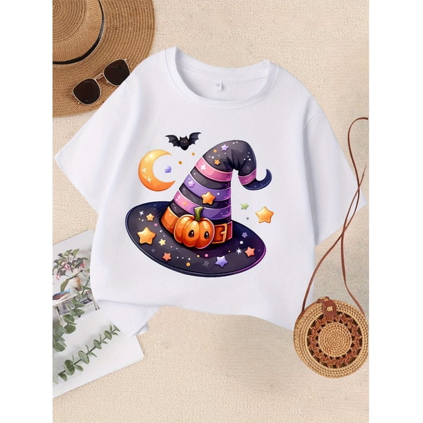 Halloween T-shirt - Casual Round Neck Top with Witch Hat, Bats, Pumpkins & Stars Print, Soft Knit Fabric, Perfect for Summer & Fall, Halloween Apparel | Playful Print Top | Comfortable Fit