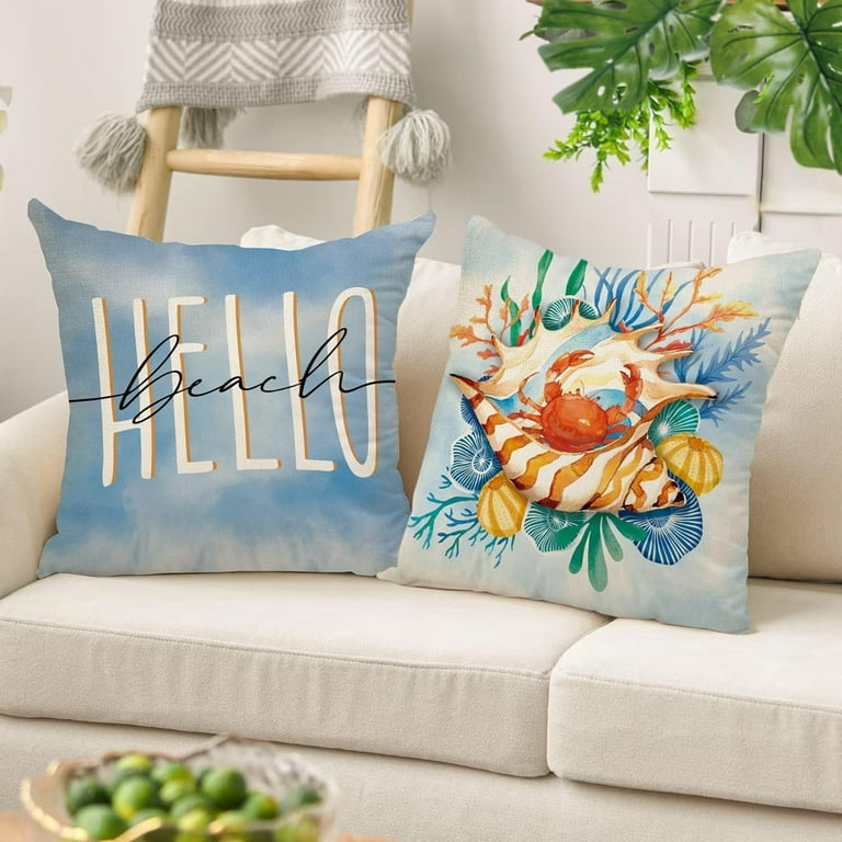 Set Of 4 Beach Theme Pillow Covers 18x18 – Sea Shell, Starfish & Coral Summer Decor, No Insert